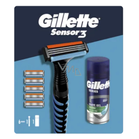 Gillette Sensor 3 shaver for men + replacement heads 5 pieces + Soothing Sensitive shaving gel with aloe vera 75 ml, cosmetic set for men