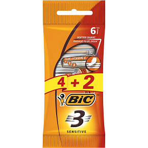 BIC 3 Sensitive Men's Disposable Razors, 4+2 pcs