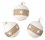 White baubles with a star and jute stripe for hanging 8 cm, 3 pieces