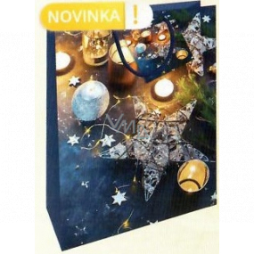 Nekupto Gift paper bag 32.5 x 26 x 13 cm Christmas blue with star and candles WBL 1953 40