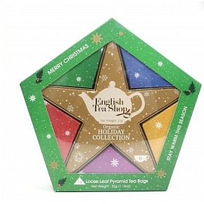 English Tea Shop Bio Holiday Collection Gold Star White Tea, Lychee and Cocoa + Seasonal Siesta + Energy for the Holidays + Refreshment after the celebrations + Mint and Melon + Chai Tea Charge 16 pieces of tea pyramids, 32 g