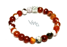 Agate fire lace facet with royal mantra Ohm bracelet elastic natural stone, ball 8 mm / 16 - 17 cm