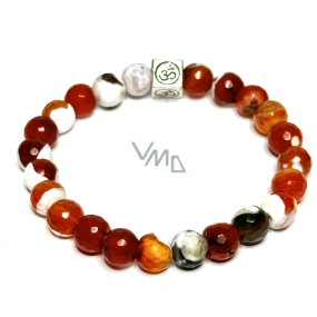 Agate fire lace facet with royal mantra Ohm bracelet elastic natural stone, ball 8 mm / 16 - 17 cm