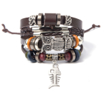 Leather multi-layer bracelet, owl + fish symbol, adjustable size