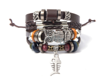 Leather multi-layer bracelet, owl + fish symbol, adjustable size