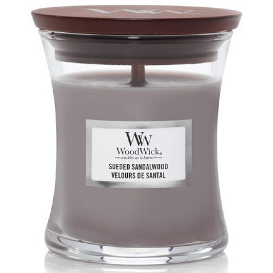 WoodWick Suede & Sandalwood - Suede Sandalwood scented candle with wooden wick and lid glass small 85 g