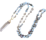 108 Mala Larimar necklace meditation jewelry, natural stone raw crystal, nugget 6 - 9 mm, pendant 8 - 15 x 45 - 70 mm