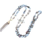 108 Mala Larimar necklace meditation jewelry, natural stone raw crystal, nugget 6 - 9 mm, pendant 8 - 15 x 45 - 70 mm
