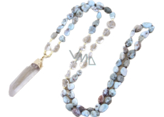 108 Mala Larimar necklace meditation jewelry, natural stone raw crystal, nugget 6 - 9 mm, pendant 8 - 15 x 45 - 70 mm