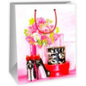 Ditipo Gift paper bag 26.4 x 13.6 x 32.7 cm white pink - flower, polka dot shoes