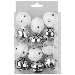 Jingle bells silver and white 4 cm, 12 pieces