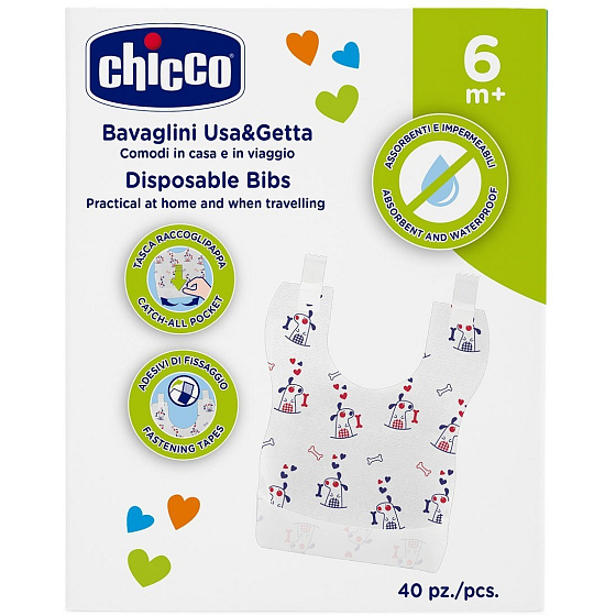 Chicco Easy Meal Disposable bib, suitable for travel, 40 pieces for children from 6 months