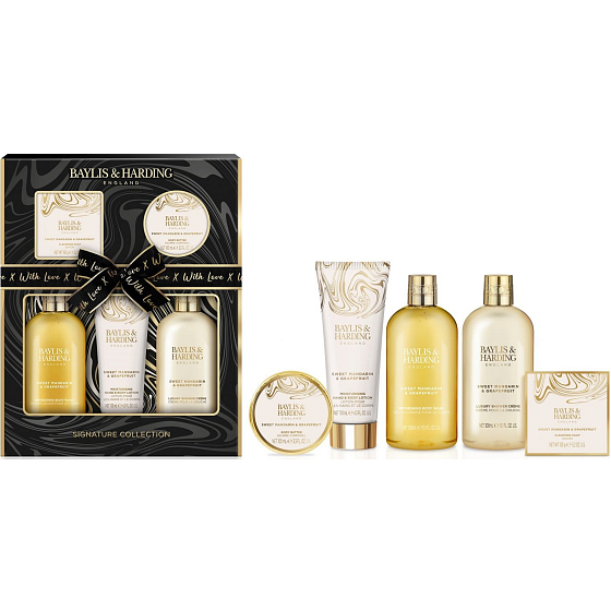 Baylis & Harding Tangerine and Grapefruit shower cream 300 ml + shower gel 300 ml + body lotion 130 ml + solid soap 150 g + body butter 100 ml + bath sponge, cosmetic set for women