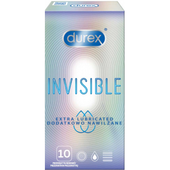 Durex Invisible Extra Thin Extra Lubricated condoms extra thin, extra lubricated nominal width: 54 mm 10 pieces