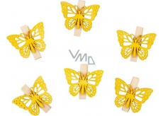 Butterflies wooden with a peg yellow 4 cm 6 pieces