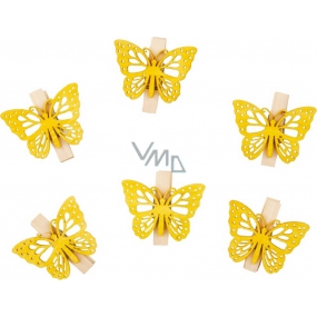Butterflies wooden with a peg yellow 4 cm 6 pieces