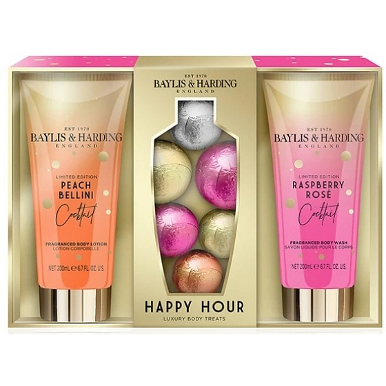Baylis & Harding Cocktail hour Raspberry rose cleansing gel 200 ml + Peach Bellini body lotion 200 ml + sparkling ballistic bath 6 pieces, cosmetic set