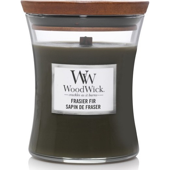 WoodWick Frasier Fir scented candle with wooden wick and lid glass medium 275 g