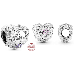 Charm Sterling silver 925 Heart with daisies for mom, bead on bracelet family