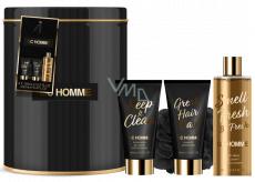 Grace Cole GC Homme cleansing gel 250 ml + shampoo 150 ml + cleansing gel for face 150 ml + washing sponge + tin can, cosmetic set for men