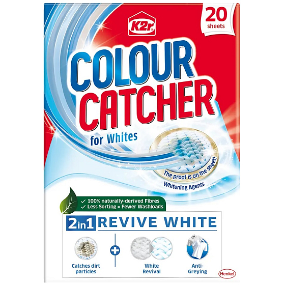 K2r Colour Catcher Stop Staining Washing Wipes for white linen and white recovery 20 pieces
