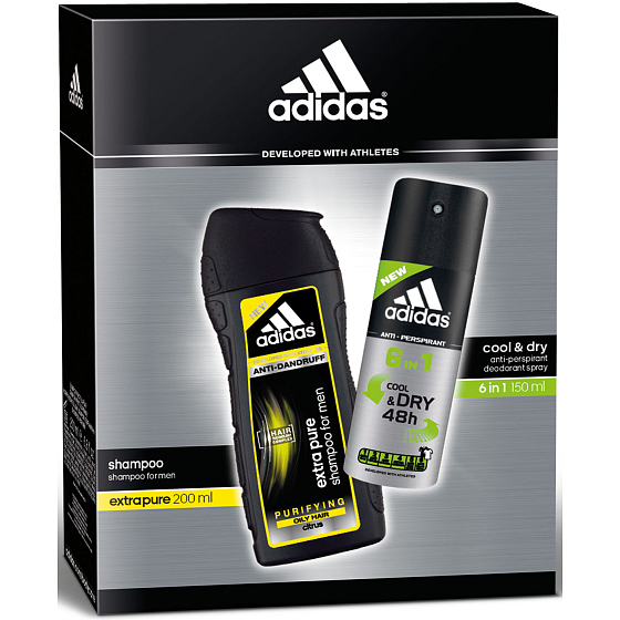 Adidas Cool & Dry 48h 6in1 antiperspirant deodorant spray for men 150 ml + Extra Pure anti-dandruff hair shampoo 200 ml, cosmetic set