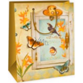 Ditipo Gift paper bag 18 x 10 x 22.7 cm beige - window, birds, butterflies
