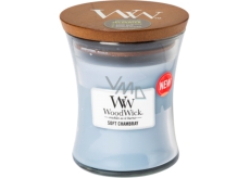 WoodWick Soft Chambray - Clean linen scented candle with wooden wick and glass lid medium 275 g