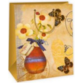 Ditipo Gift paper bag 26.4 x 13.6 x 32.7 cm beige - flowers in a vase butterflies AB