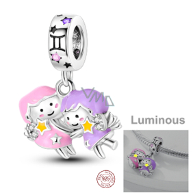Sterling Silver 925 Luminous - Zodiac Sign Gemini, Bracelet Pendant