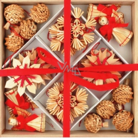 Straw decoration in a wooden box with red decor 32 pieces