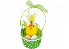 Chick with eggs in green basket 12 cm