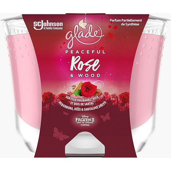 Glade Maxi Peaceful Rose & Wood with the scent of rhubarb, rose and sandalwood scented candle in glass, burning time up to 52 hours 224 g