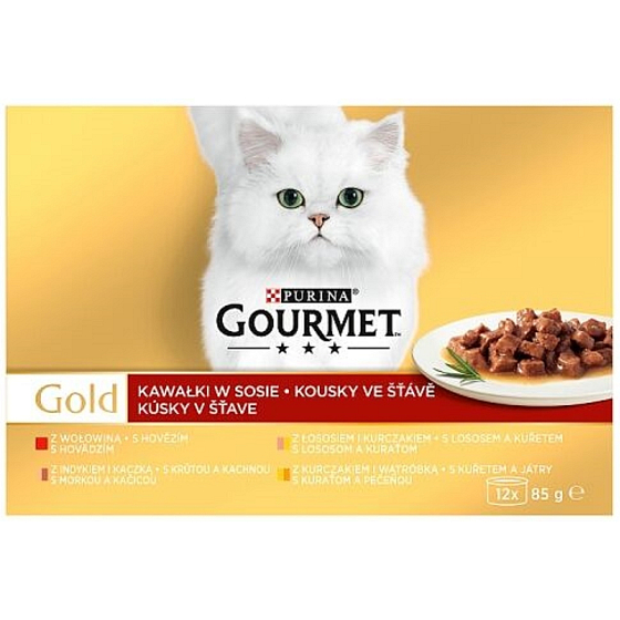 Gourmet Gold Multipack beef, turkey, duck, chicken, liver, salmon canned for adult cats 12 x 85 g