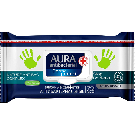 Aura Antibacterial wet wipes for hands, destroys up to 99% of bacteria 72 pieces