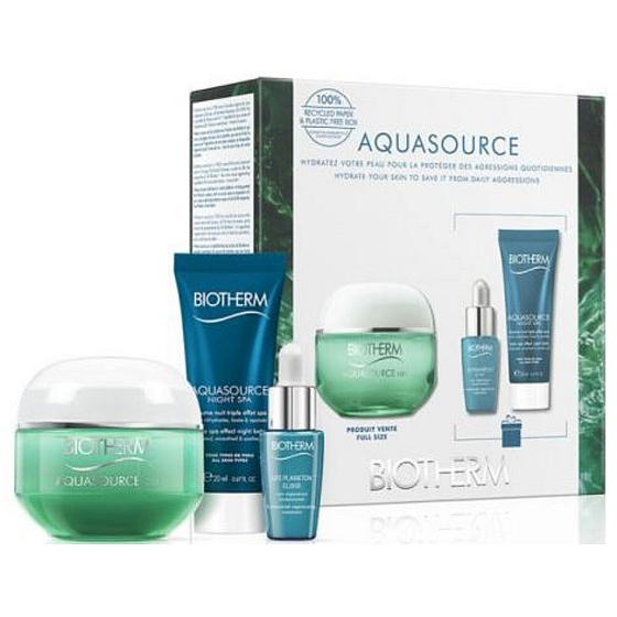 Biotherm Aquasource Night Spa night cream 20 ml + Aquasource nourishing moisturizer for normal to combination skin 50 ml + Life Plankton Elixir protective regenerating serum 7 ml, cosmetic set