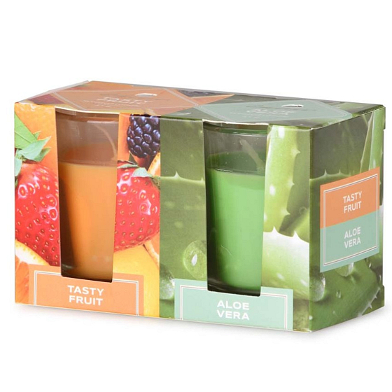 Emocio Tasty Fruit & Aloe Vera scented candle glass 52 x 65 mm 2 pieces in a box