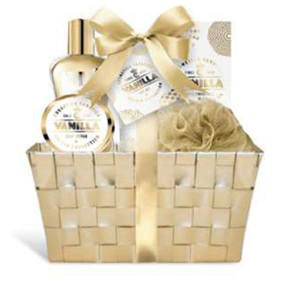 Cosmetica Fanatica Vanilla body lotion 95 ml + shower gel 190 ml + body scrub 50 ml + bath salt 50 g + bath mat + basket, cosmetic set