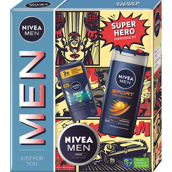 Nivea Men Super Hero Creme cream 75 ml + Fresh Kick antiperspirant stick 150 ml + Sport 3in1 shower gel and hair shampoo 250 ml, cosmetic set for men