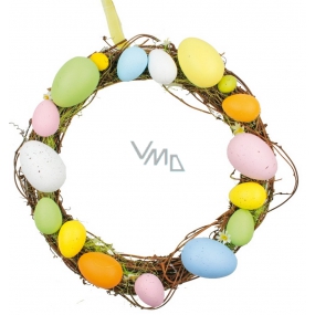Wicker wreath with colored plastic eggs 25 cm