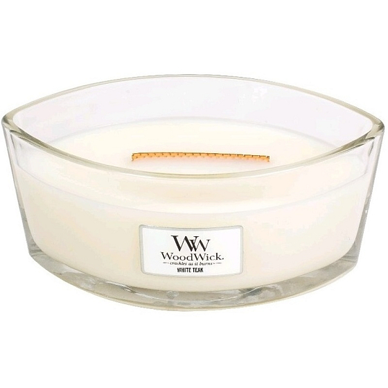 WoodWick White Teak - White teak scented candle with wooden wide wick and boat lid 453 g