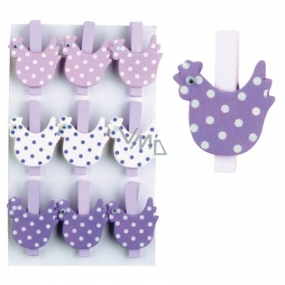 Wooden purple hen with pegs 4.5 cm 9 pieces in a package