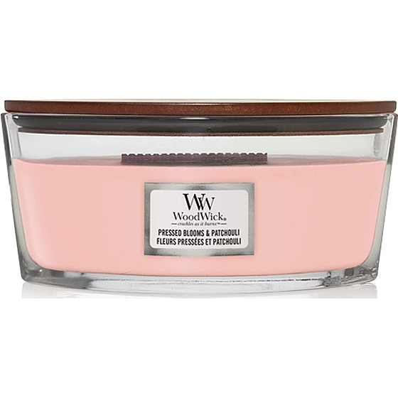 WoodWick Pressed Blooms & Patchouli - Crushed flowers and patchouli scented candle with wooden wick and lid glass boat 453 g