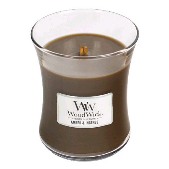 WoodWick Amber & Incense - Ambergris and incense scented candle with wooden wick and lid glass medium 275 g