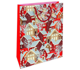 Nekupto Dárková papírová taška 32,5 x 26 x 13 cm Vánoční domečky červené