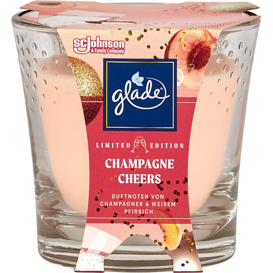 Glade Champagne Cheers with the scent of champagne and fresh peach scented candle in glass, burning time up to 38 hours 129 g