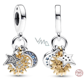 Sterling silver 925 Celestial charm with cubic zirconia, sun, star, crescent, 3in1 universe bracelet pendant