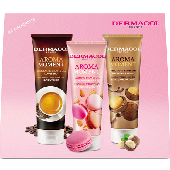 Dermacol Aroma Moment Coffee Shot shower gel 250 ml + Almond Macaroon shower gel 250 ml + Macadamia Truffle shower gel 250 ml, cosmetic set for women