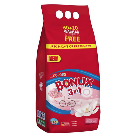 Bonux Color Pure Magnolia 3 in 1 washing powder for colored laundry 60 + 20 doses of 6 kg