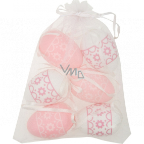 Plastic eggs for hanging white and pink with flowers 6 cm 6 pieces in organza